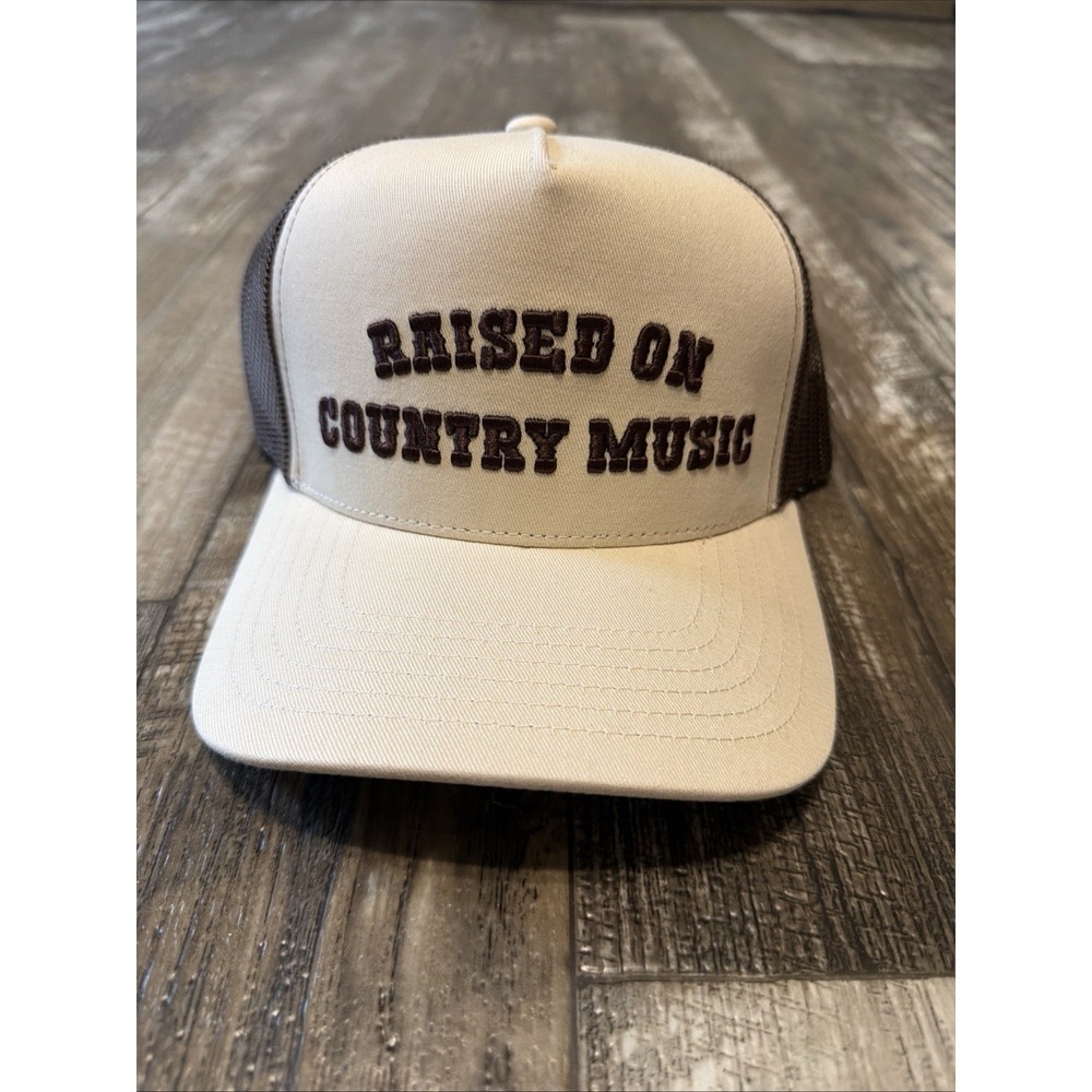 Raised On Country Music Trucker Hat Adjustable Breathable Beige Brown